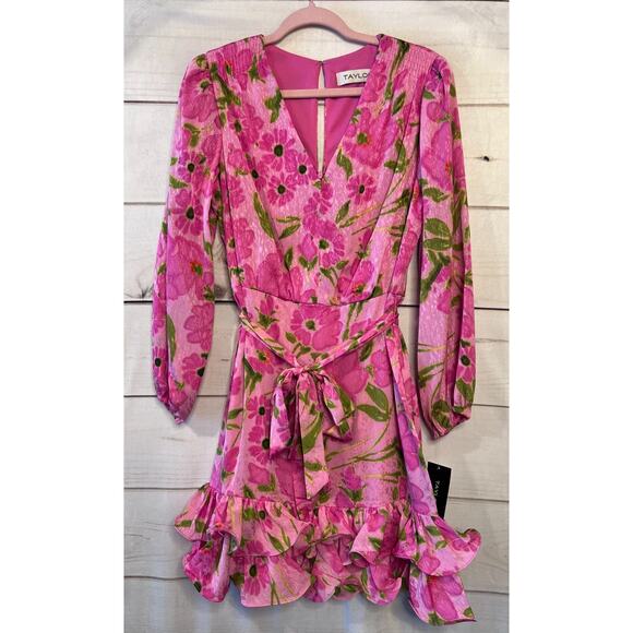 Taylor NWT Size 12 Dress Candy Pink/Lime Ruffles Long Sleeve Flirty - Picture 1 of 7